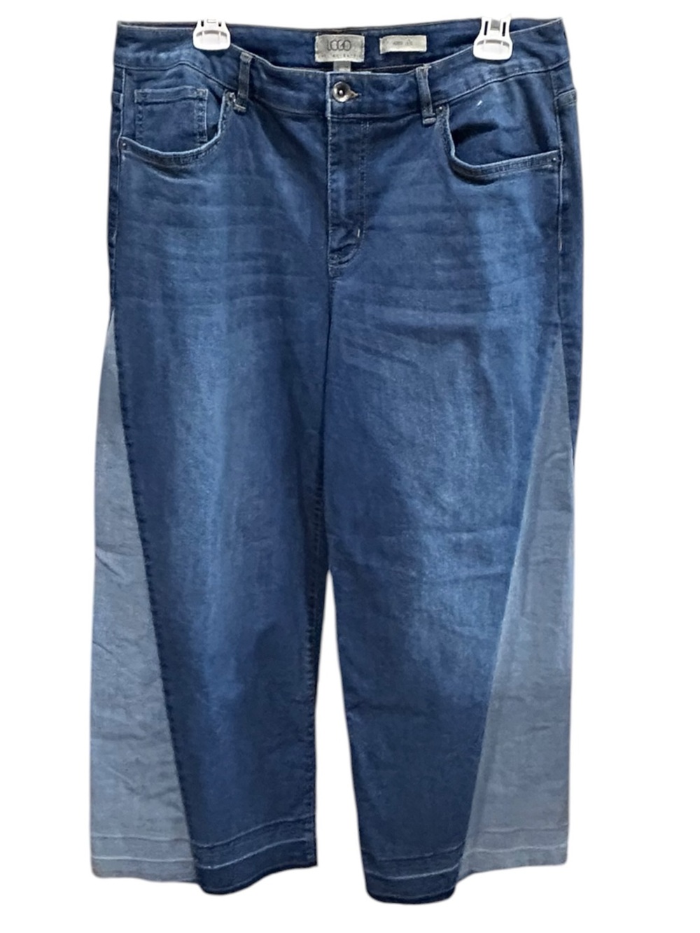 LOGO Lori Goldstein Colorblock Wide Leg Crop Jeans Size 14 Stretch Denim Blue